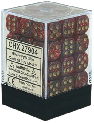 Chessex - Signature 12mm d6 with pips Dice Blocks (36 Dice) - Glitter Polyhedral Ruby/gold