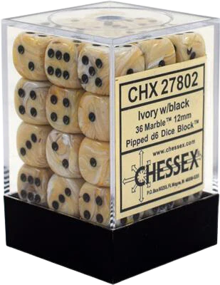 Chessex Signature 12mm d6 with pips Dice Blocks (36 Dice) - Marble Ivory w/black
