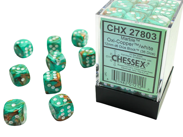 Chessex - Signature 12mm d6 with pips Dice Blocks (36 Dice) - Marble Oxi‑Copper/white