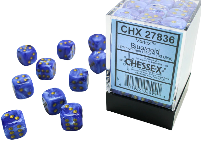 Chessex - Signature 12mm d6 with pips Dice Blocks (36 Dice) - Vortex Blue w/gold