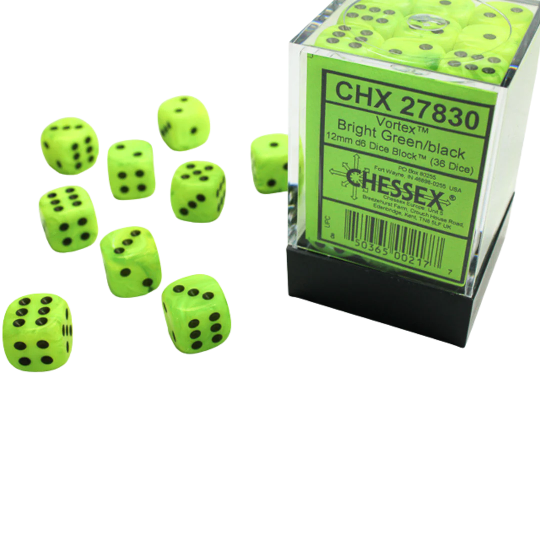 Chessex Signature 12mm d6 with pips Dice Blocks (36 Dice) - Vortex Bright Green w/black