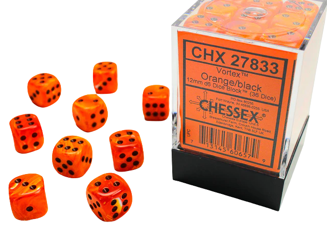 Chessex Signature 12mm d6 with pips Dice Blocks (36 Dice) - Vortex Orange w/black