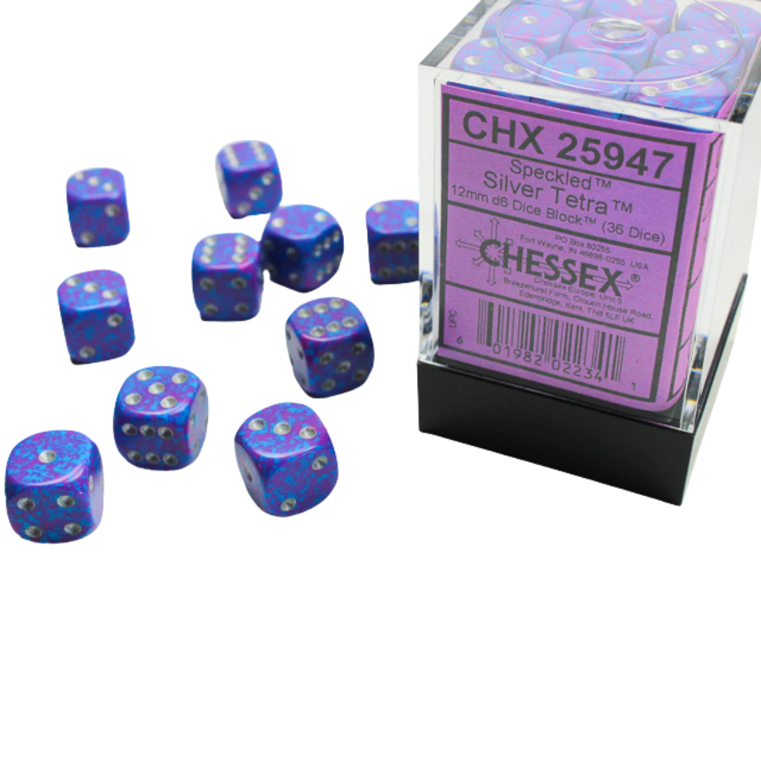 Chessex Speckled 12mm d6 Dice Blocks with Pips (36 Dice) - Silver Tetra
