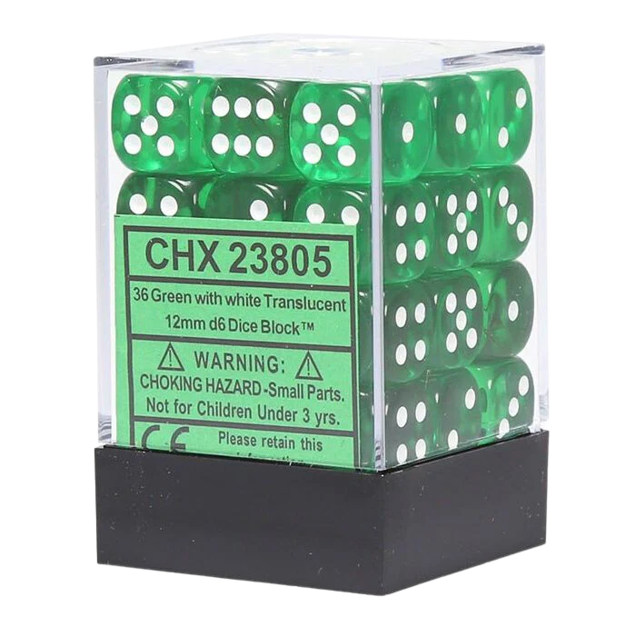 Chessex Translucent 12mm d6 with pips Dice Blocks (36 Dice) - Green W/White