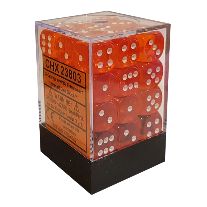 Chessex Translucent 12mm d6 with pips Dice Blocks (36 Dice) - Orange w/white