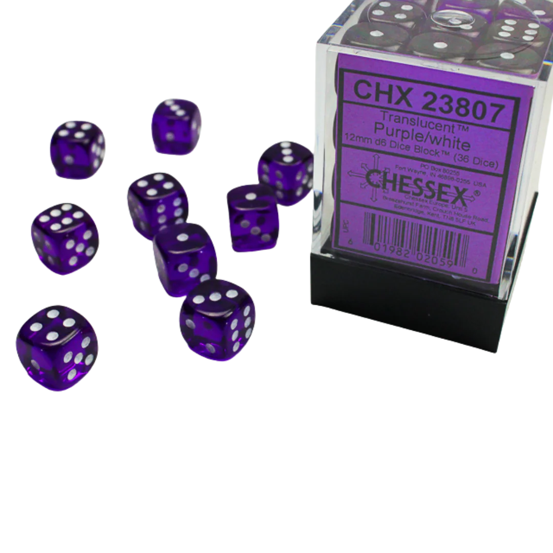 Chessex Translucent 12mm d6 with pips Dice Blocks (36 Dice) - Purple w/white