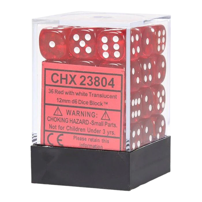 Chessex Translucent 12mm d6 with pips Dice Blocks (36 Dice) - Red W/White