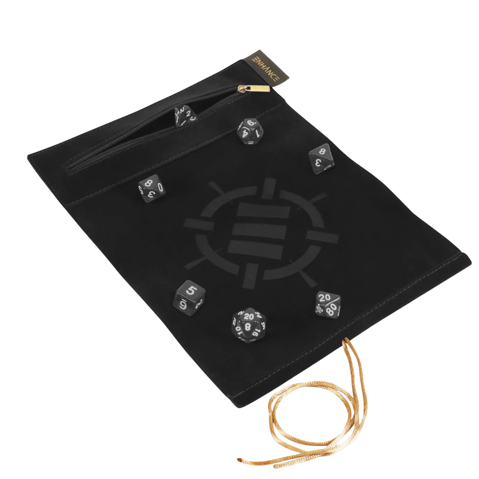 ENHANCE Roll on a Scrollâą Dice Rolling Mat & 7pc Acrylic Dice Set - Black