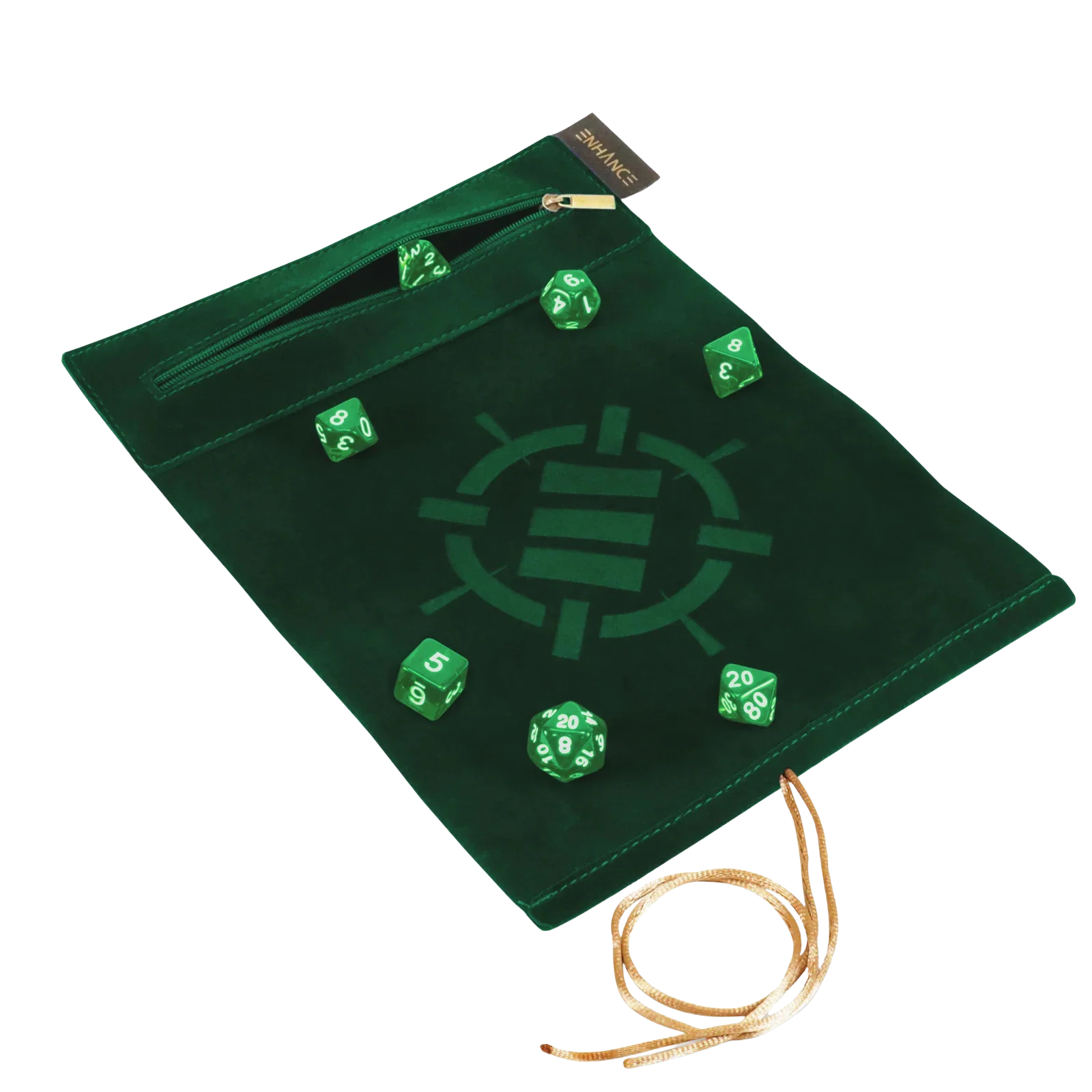 ENHANCE Roll on a Scrollâą Dice Rolling Mat & 7pc Acrylic Dice Set - Green
