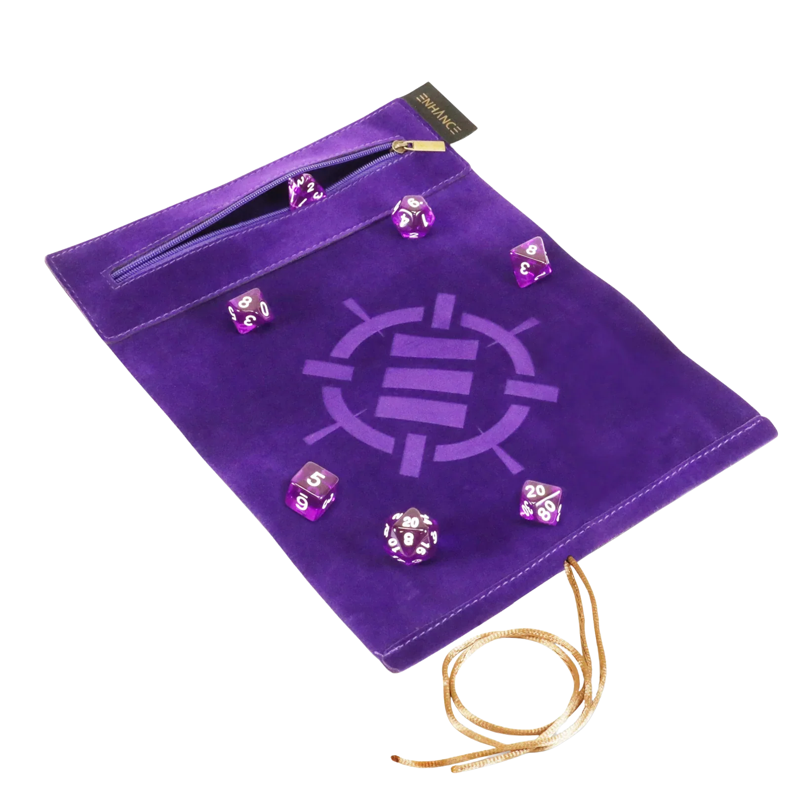 ENHANCE Roll on a Scrollâą Dice Rolling Mat & 7pc Acrylic Dice Set - Purple
