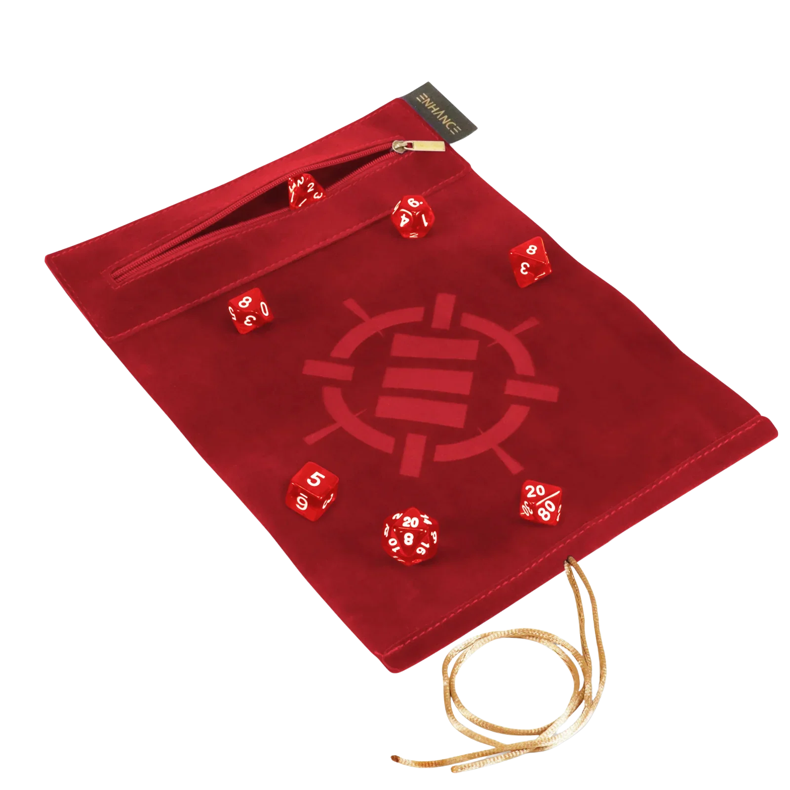 ENHANCE Roll on a Scrollâą Dice Rolling Mat & 7pc Acrylic Dice Set - Red