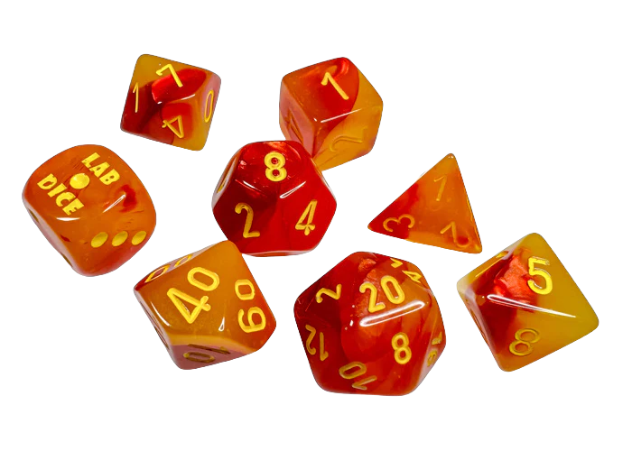 Lab Dice 8 - Gemini Gellow-Red/yellow Polyhedral Luminary 7-Dice Set (with bonus die)